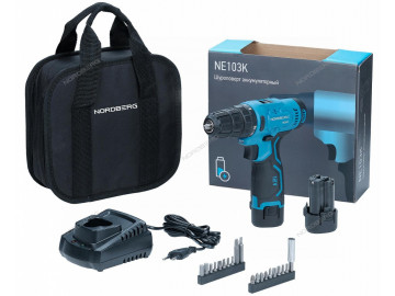 Шуруповерт аккумуляторный макс диам. сверла 10мм, 12В, 30Нм с 2 аккумуляторами и зарядным устройство NORDBERG NE103K+NE9012